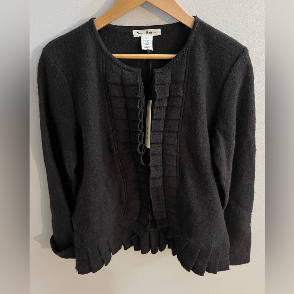 NWT Vintage Susan Bristol 100% boiled wool Ruffled zip cardigan sweater